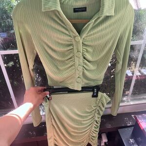 Naked Wardrobe Green Ruched Buttoned Long Sleeve Dress